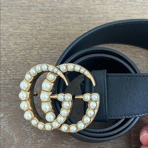 Gucci Black Belt with Gold Pearl GG Buckle